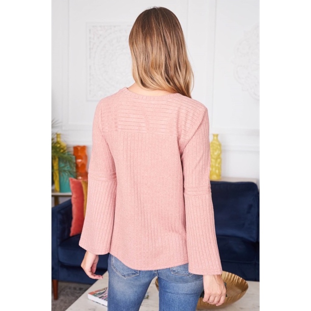 Blush Pink Three Quarter Sleeve Ribbed Tee with Flared Sleeves - Picture 6 of 16